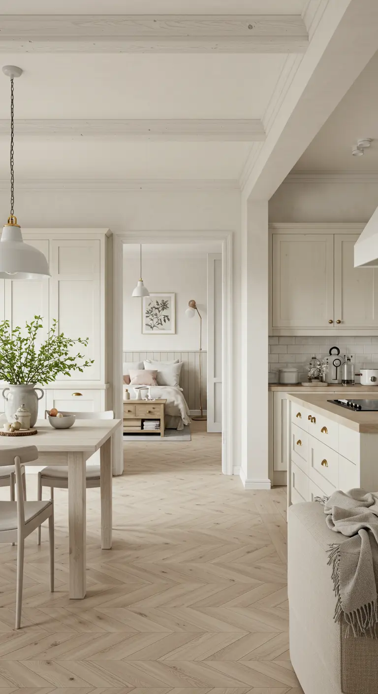 Lichte open keuken in wit en crème met doorkijk naar slaapkamer en lichte houten vloer.
