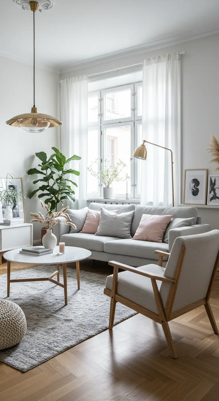 Lichte Scandinavische zithoek met grijze bank, roze kussens en houten meubels.