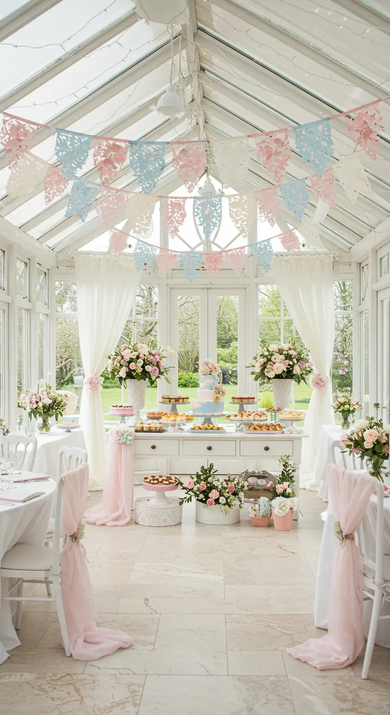 Serre met roze en blauwe kanten vlaggetjes, desserttafel en bloemen.