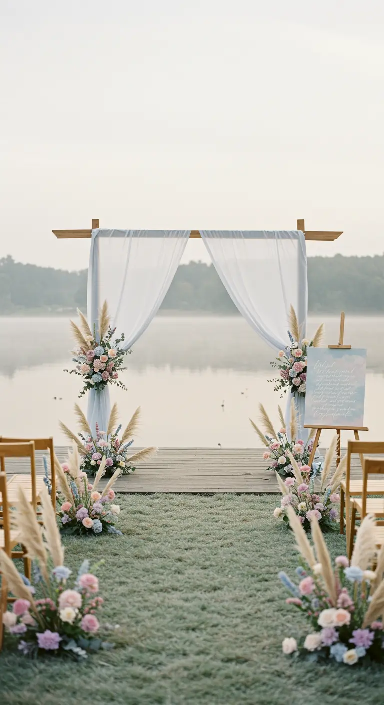 Ceremonie aan het water met houten boog, voile, pastelbloemen en pampasgras.