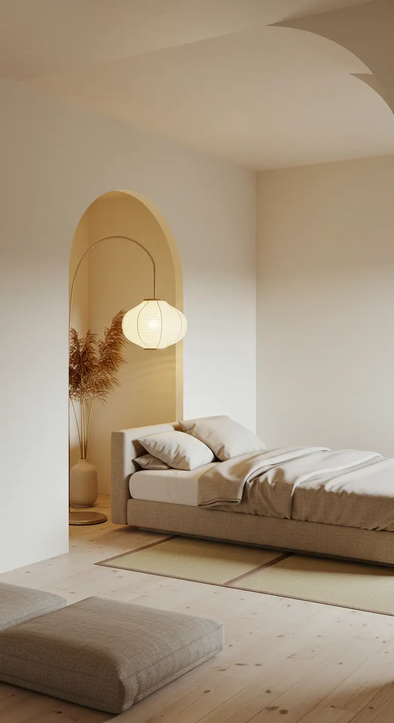 Japandi slaapkamer met ronde boog, laag bed, lampion en tatami vloerkussens in aardetinten.