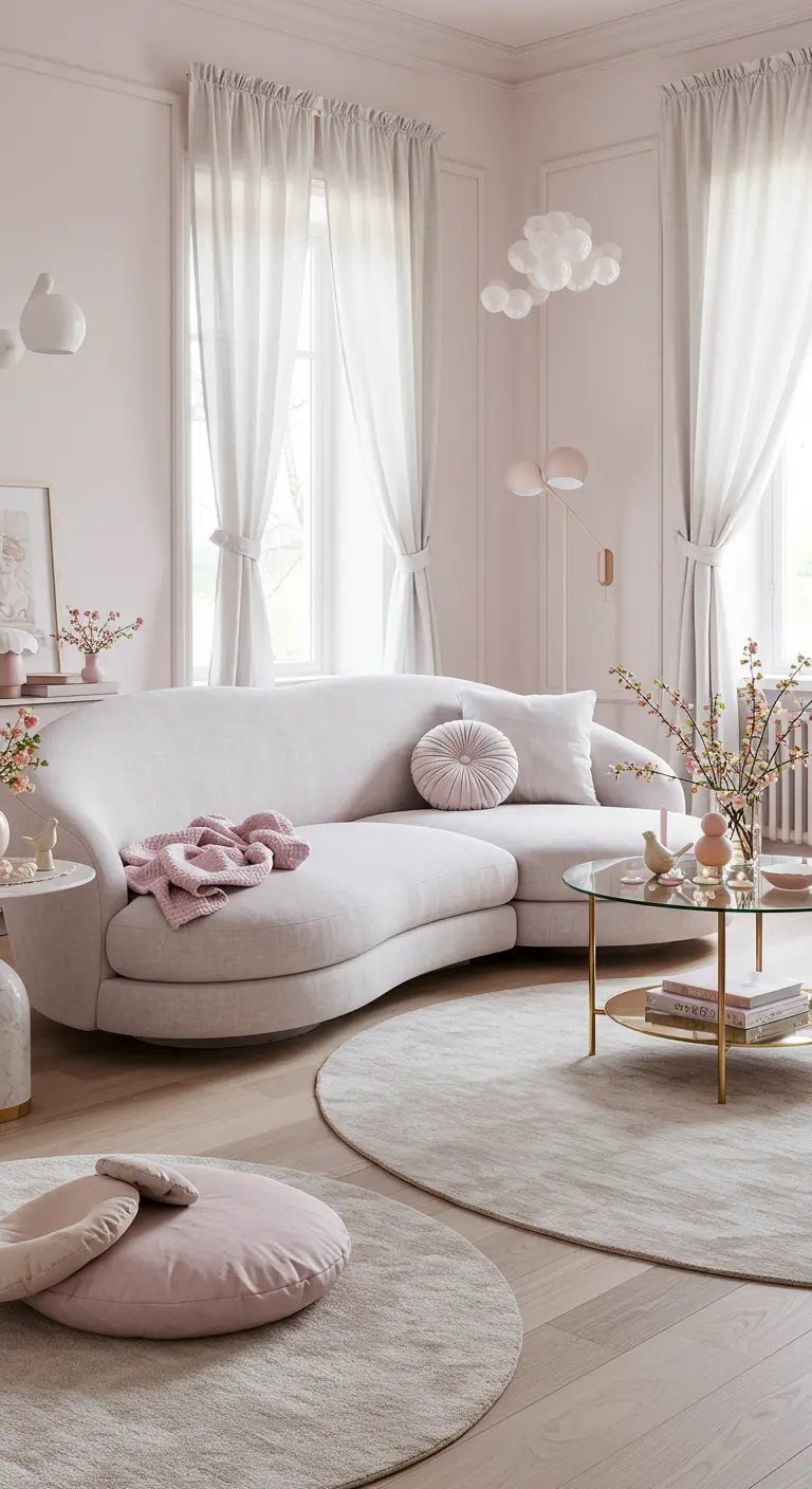 Zachte woonkamer met gebogen roze bank, ronde vloerkleden, glazen tafel, transparante gordijnen.