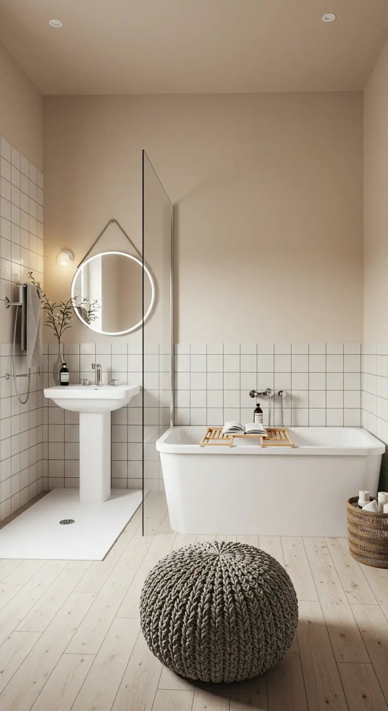 Witte badkamer met houten vloer, ronde spiegel en gebreide poef.