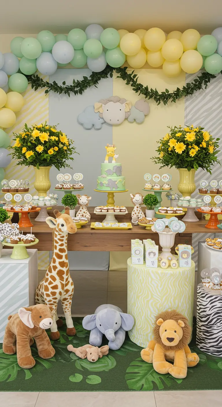 Babyshower met pastel safari thema, pluchen dieren en groene accenten.