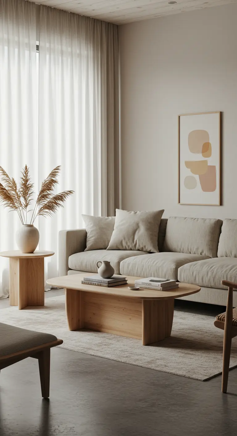 Scandinavische woonkamer met beige bank, lichte houten meubels en pampasgras.
