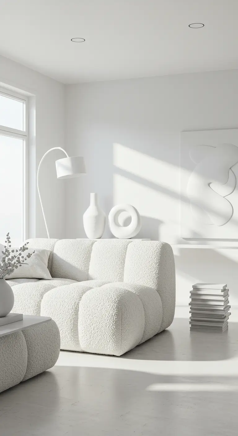 Minimalistische witte woonkamer met organische bank, sculpturale vazen en veel daglicht.