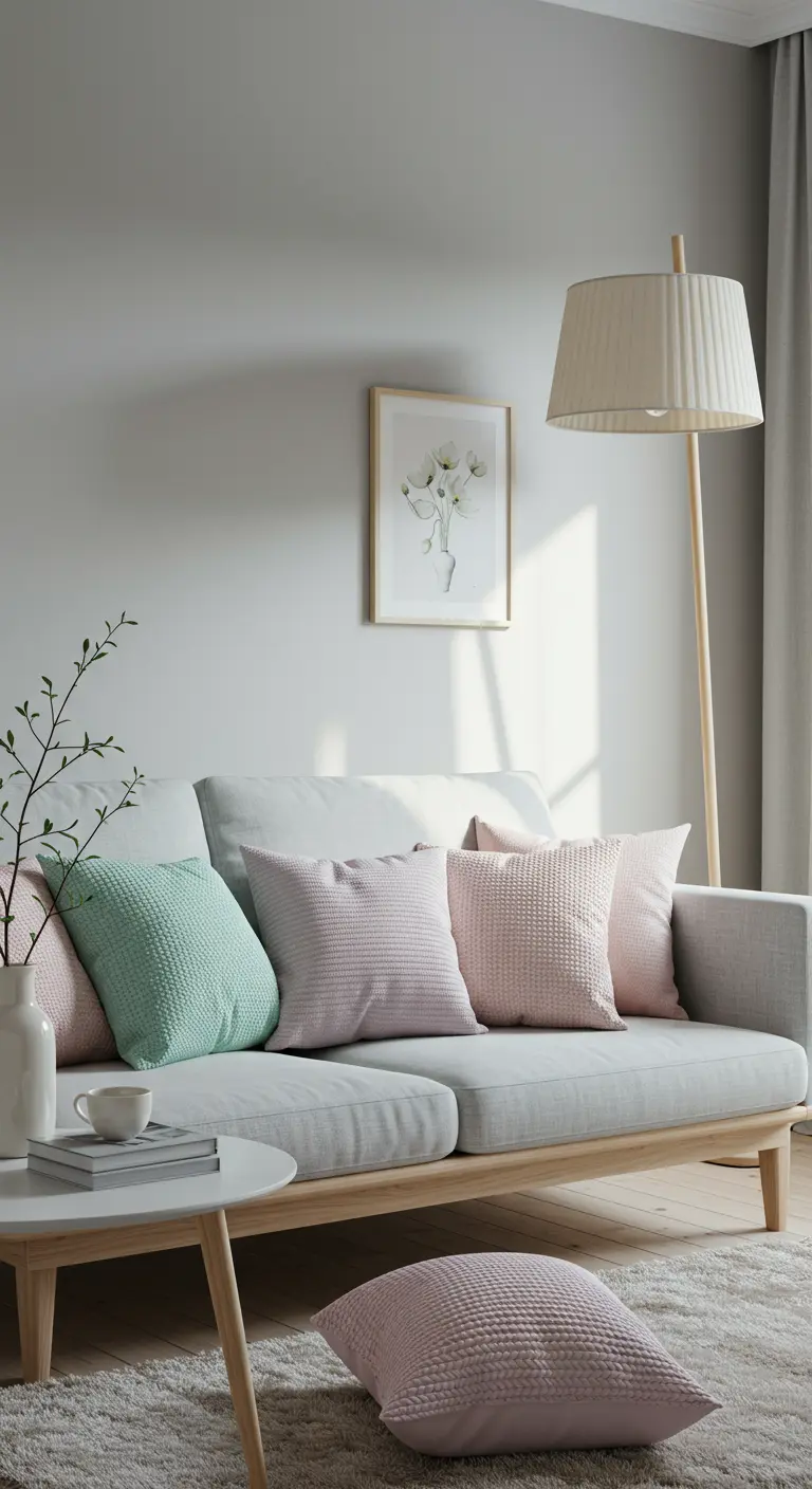 Lichtgrijze bank met pastelkleurige, geweven kussens in roze, groen en paars.