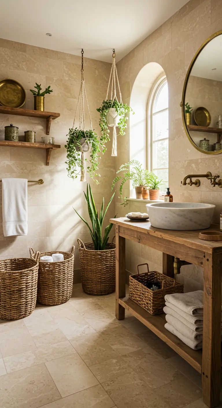 Lichte badkamer met beige marmer, houten meubel, messing kranen en hangplanten.