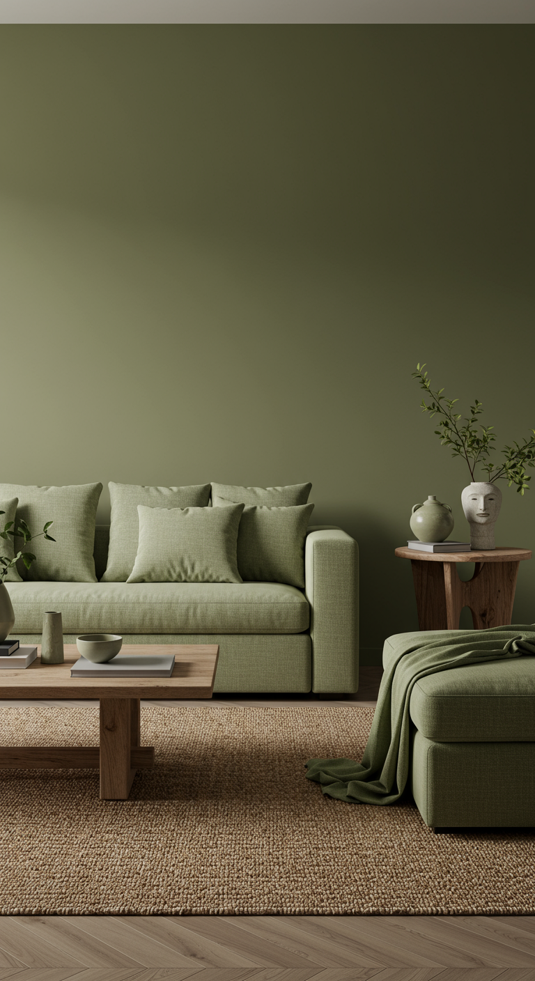 Minimalistische woonkamer met licht olijfgroene muren en bank, natuurlijke materialen.