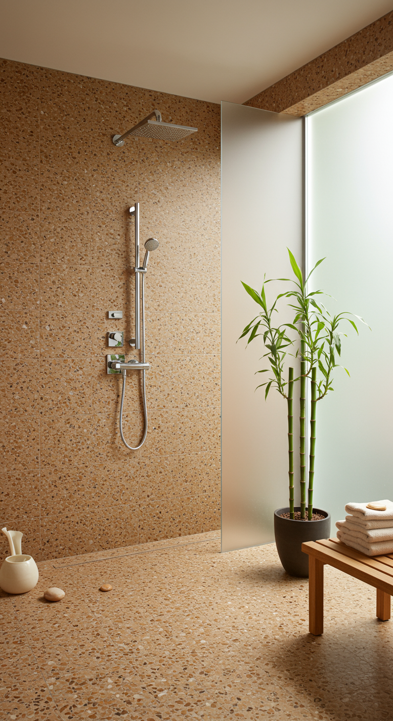 Lichte doucheruimte met zandkleurige terrazzo wanden en vloer, en een bamboeplant.