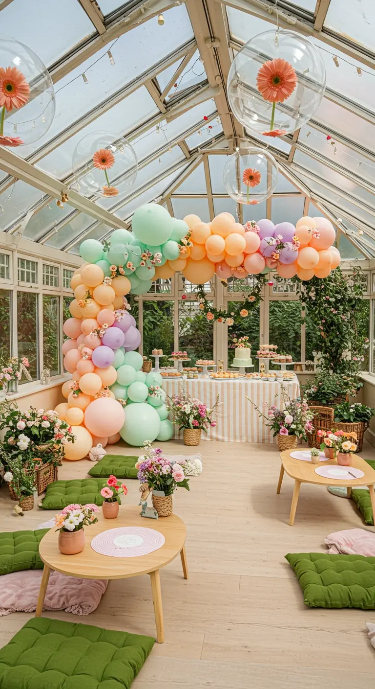 Pastel ballonnenboog en bloemdecoratie in lichte serre voor een feestelijke setting.