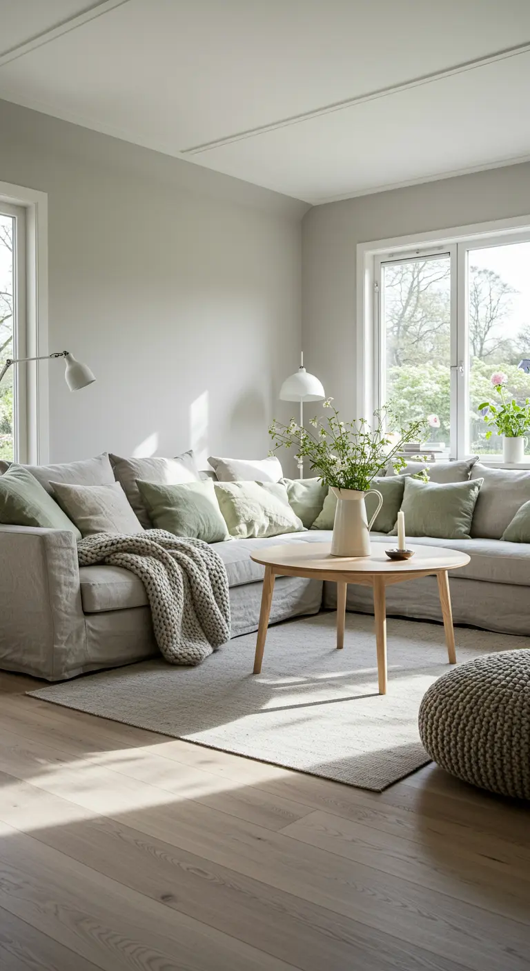 Lichte woonkamer met beige hoekbank, groene kussens, houten vloer en veel natuurlijk licht.