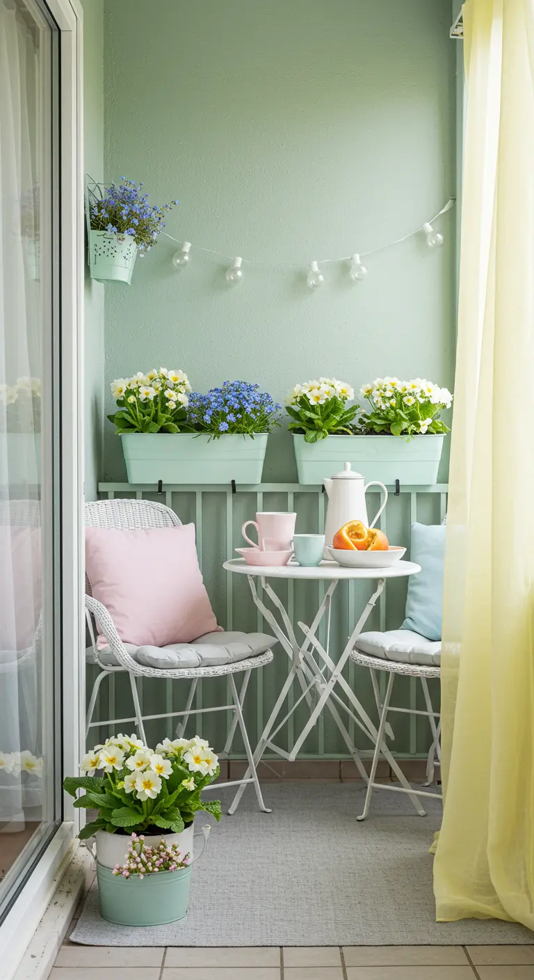 Balkon met mintgroene muur, witte bistroset, roze kussens en lentebloemen.
