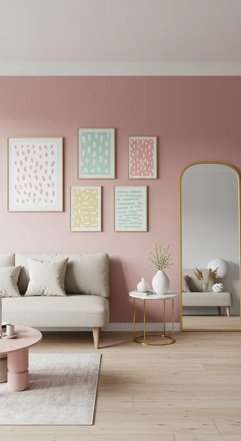 Roze woonkamer met lichte bank en galerijwand van speelse abstracte stippenprints.
