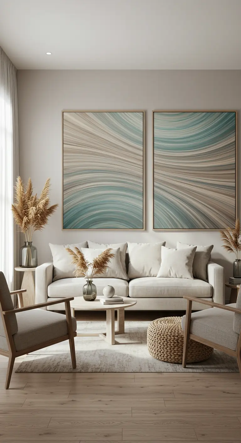 Woonkamer met beige bank en twee grote abstracte prints met beige-blauwe golven.