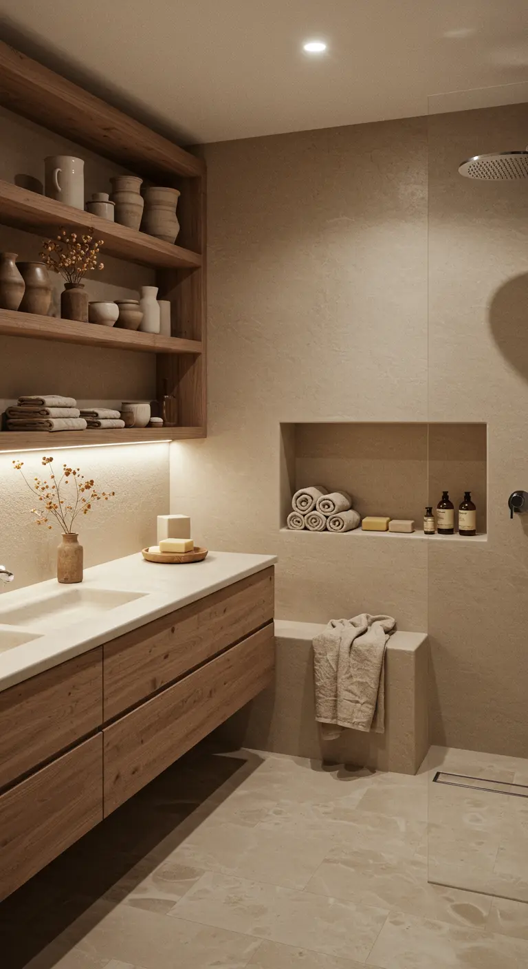 Zandkleurige badkamer met houten planken, keramiek en een ingebouwde nis in de douche.