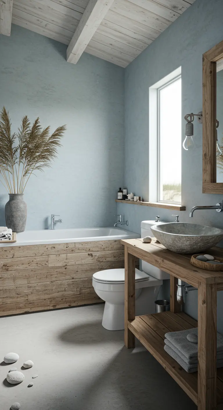 Wabi-sabi badkamer met zachtblauwe muren, houten badombouw, stenen waskom en pampasgras.