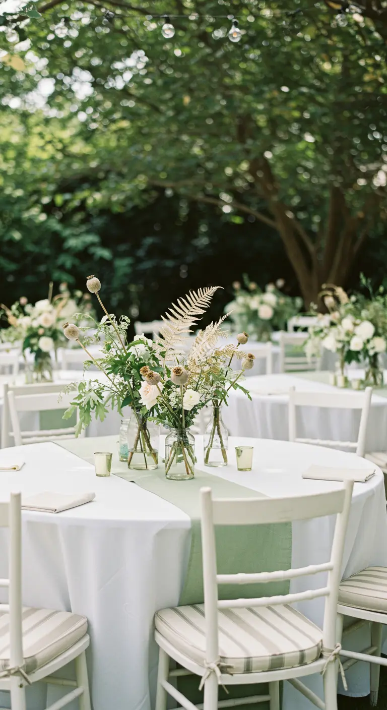 Ronde tuintafel met wit en saliegroen linnen en kleine vaasjes droogbloemen.