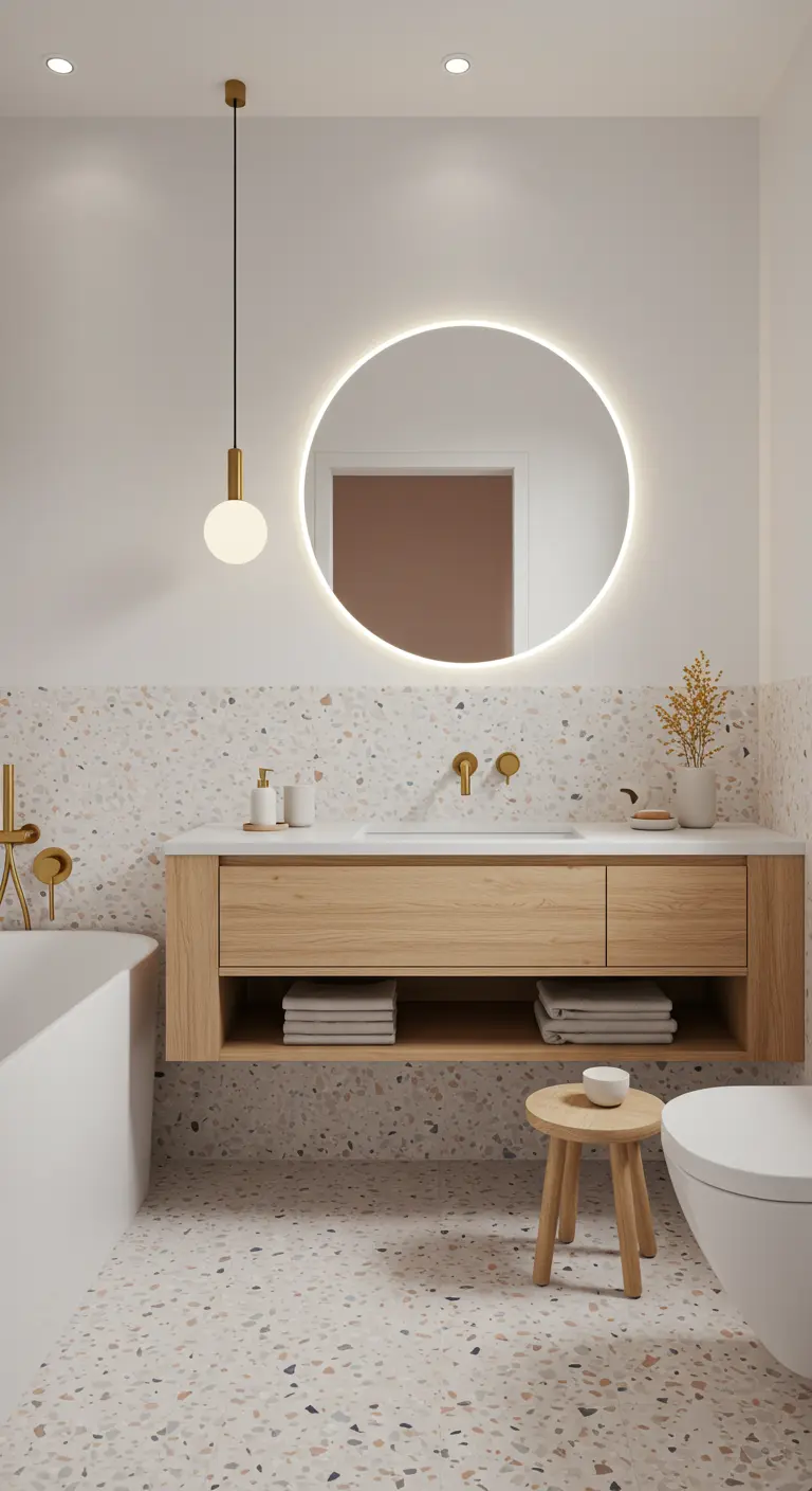 Badkamer met terrazzo, ronde verlichte spiegel en gouden accenten.