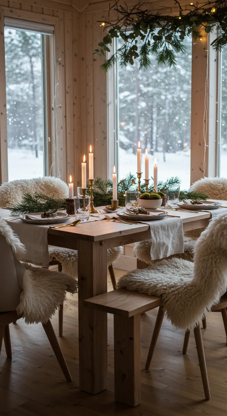 Scandinavische wintertafel met schapenvachten op stoelen, kaarsen, en dennentakken.
