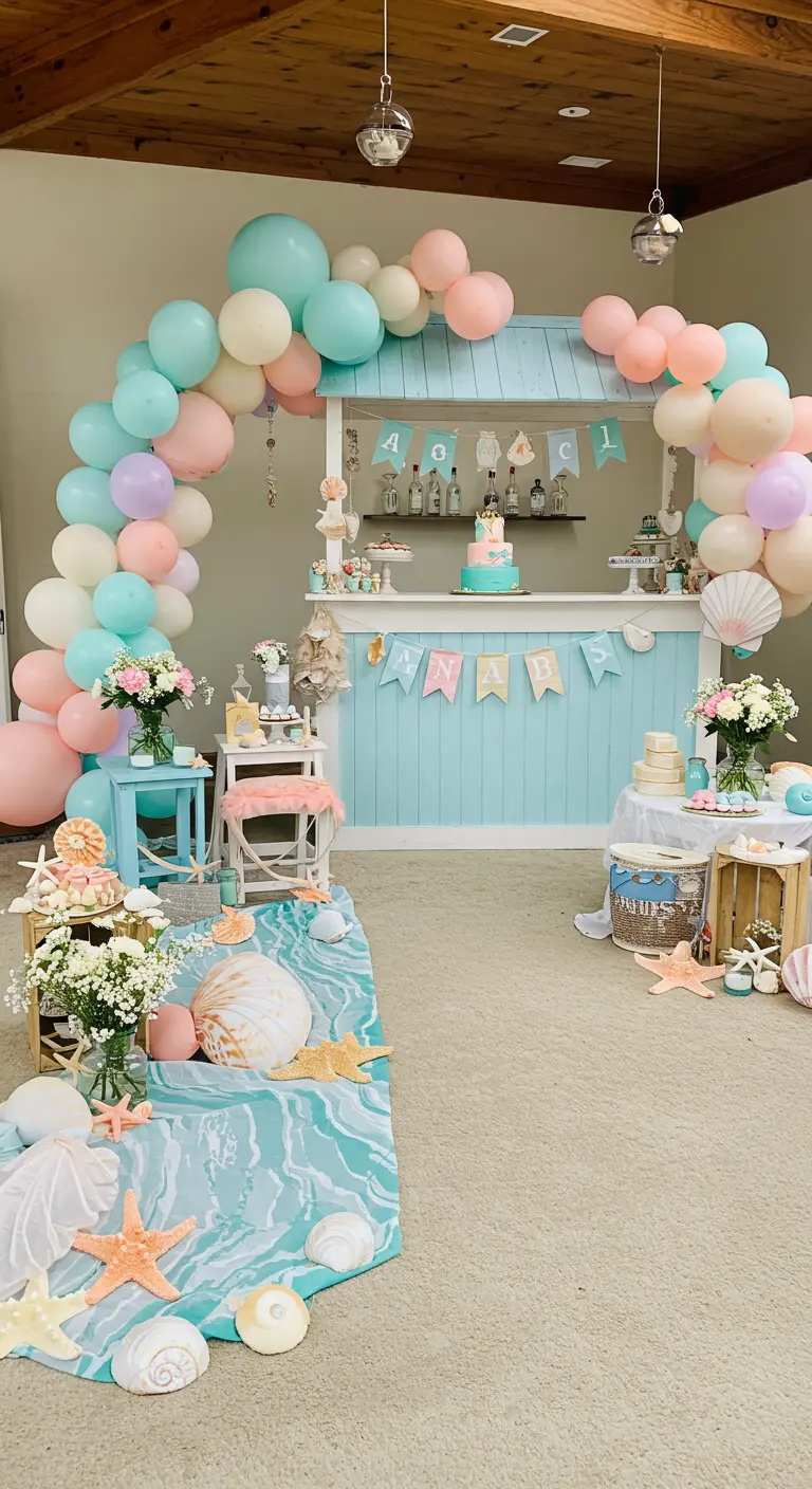 Babyshower met pastel strandthema, blauw hutje, schelpen en zeesterren.