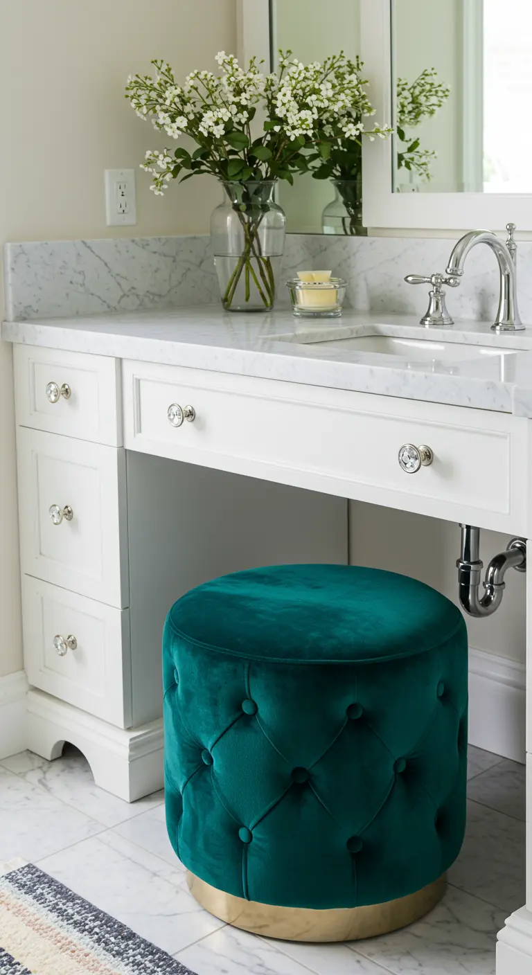 Wit badmeubel met marmeren blad en een turquoise fluwelen poef ervoor.
