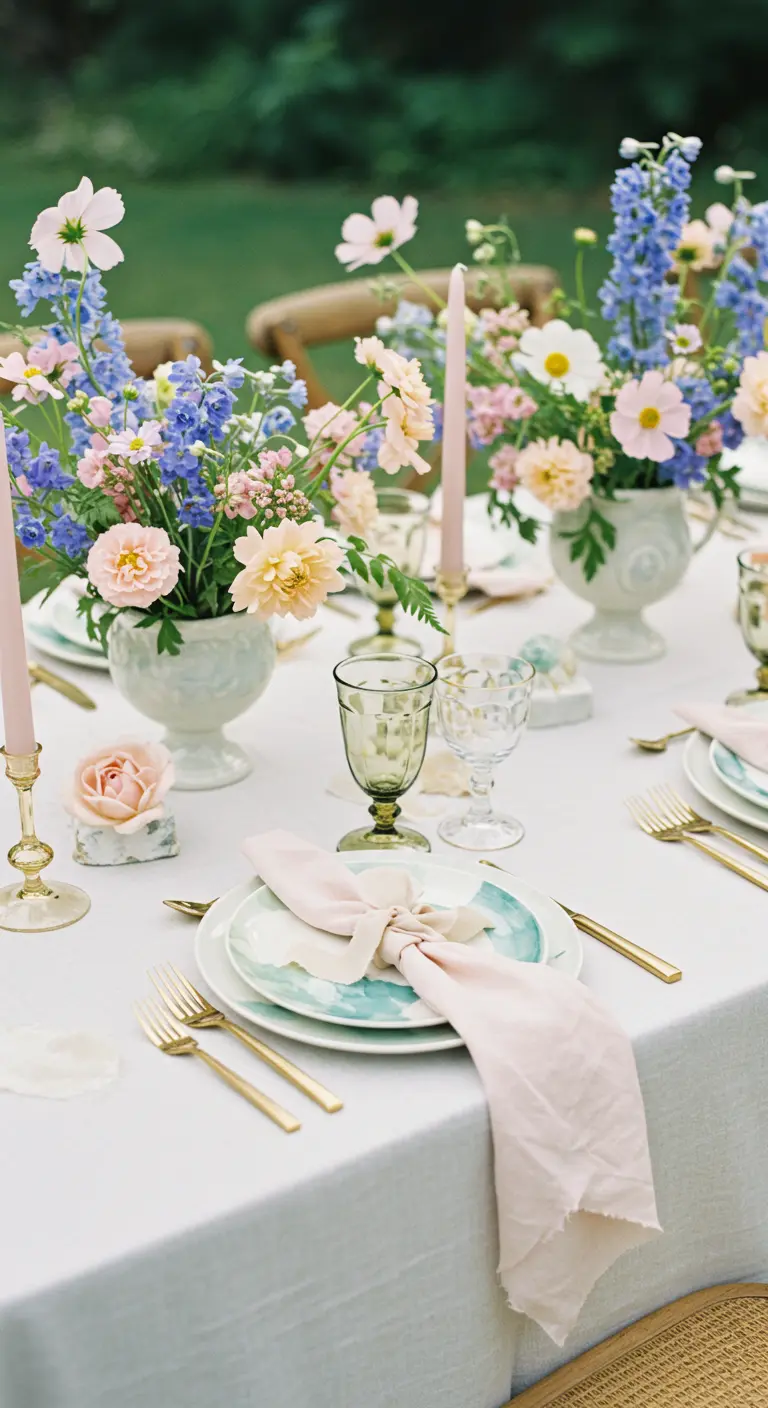 Elegant gedekte tafel met pastelkleurige bloemen, gouden bestek en kaarsen.