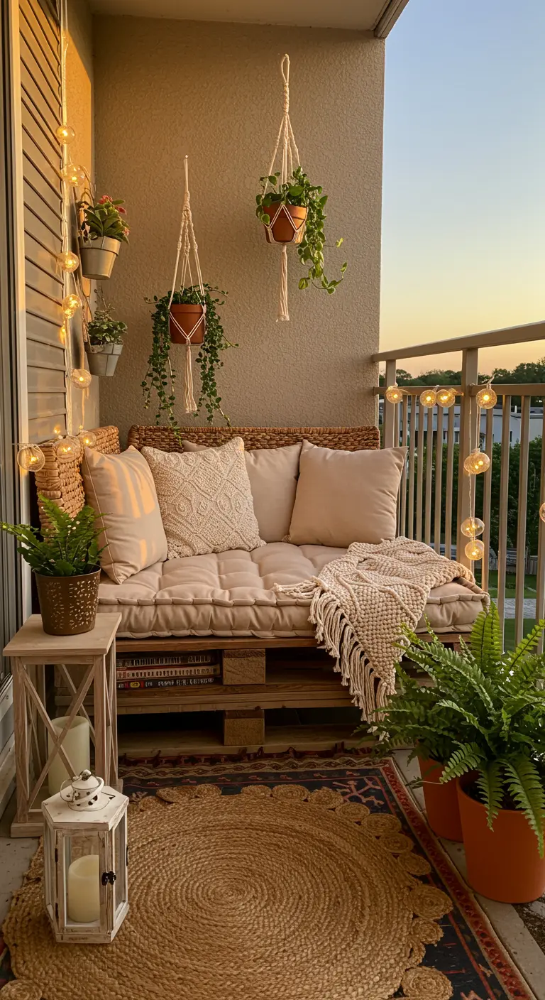 Gezellige palletbank op balkon met beige kussens, lichtslingers en macramé plantenhangers bij zonsondergang.