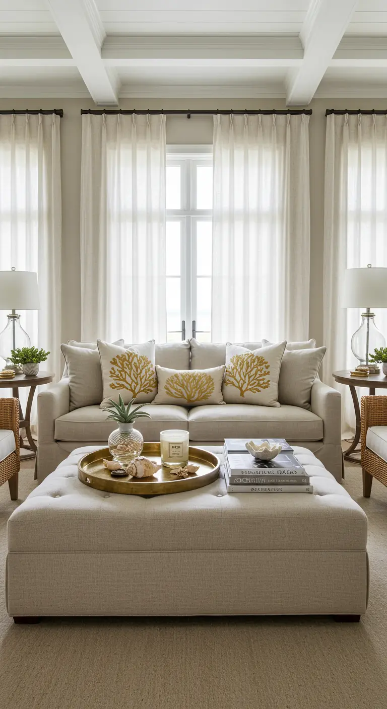 Lichte, neutrale woonkamer met beige bank, kussens met gouden borduursel en een gouden dienblad.