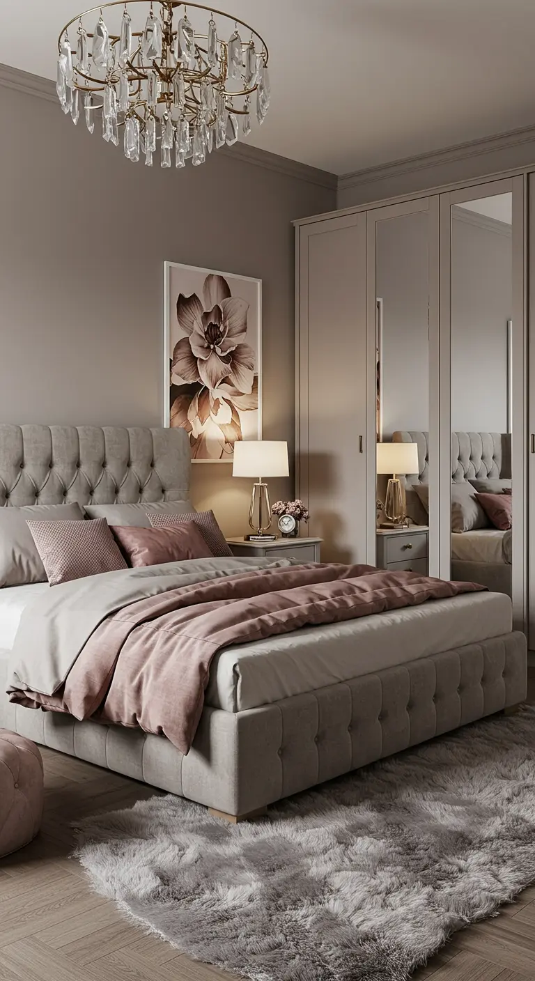 Grijze slaapkamer met gecapitonneerd bed, spiegelkast en fluffy kleed.