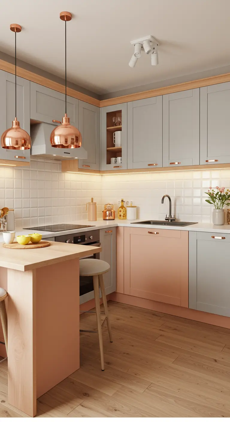 Moderne keuken met lichtgrijze en koperroze kasten, houten accenten en koperen lampen.