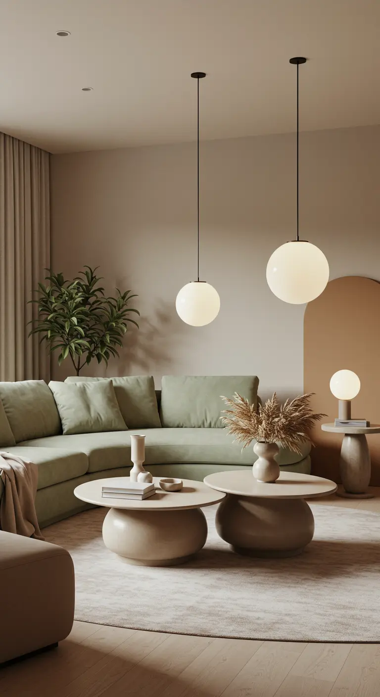 Moderne woonkamer met zachtgroene bank, ronde salontafels en bolvormige lampen.