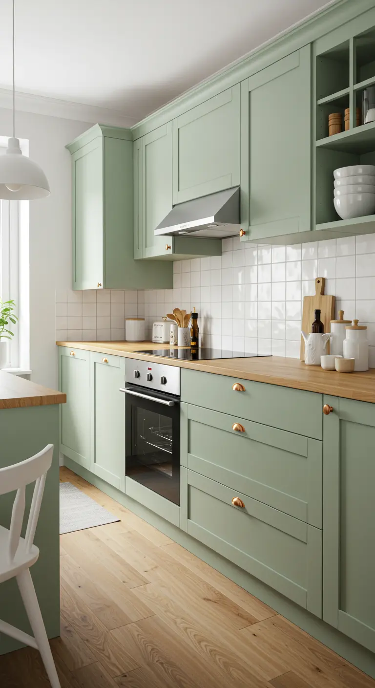 Mat saliegroene keuken met houten werkblad en witte tegels.