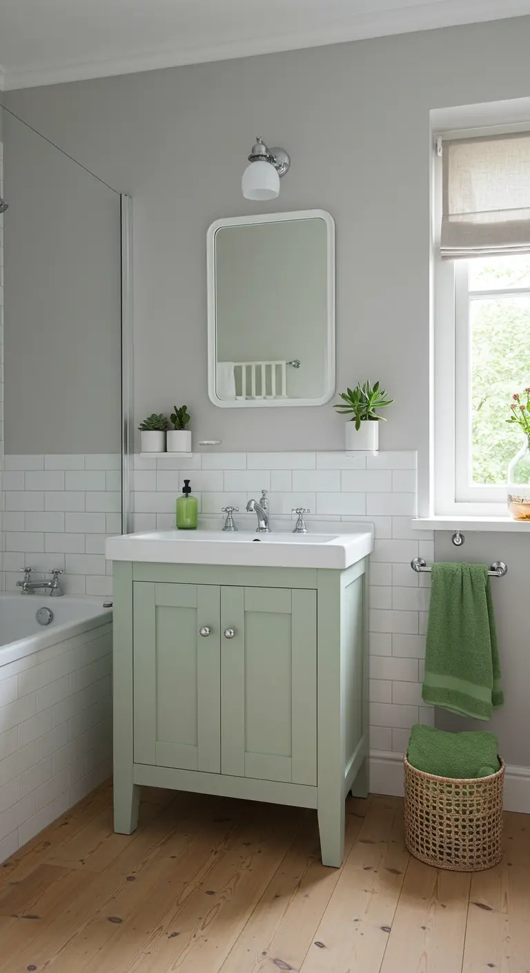 Landelijke badkamer met lichtgroen meubel, witte metrotegels en houten vloer.