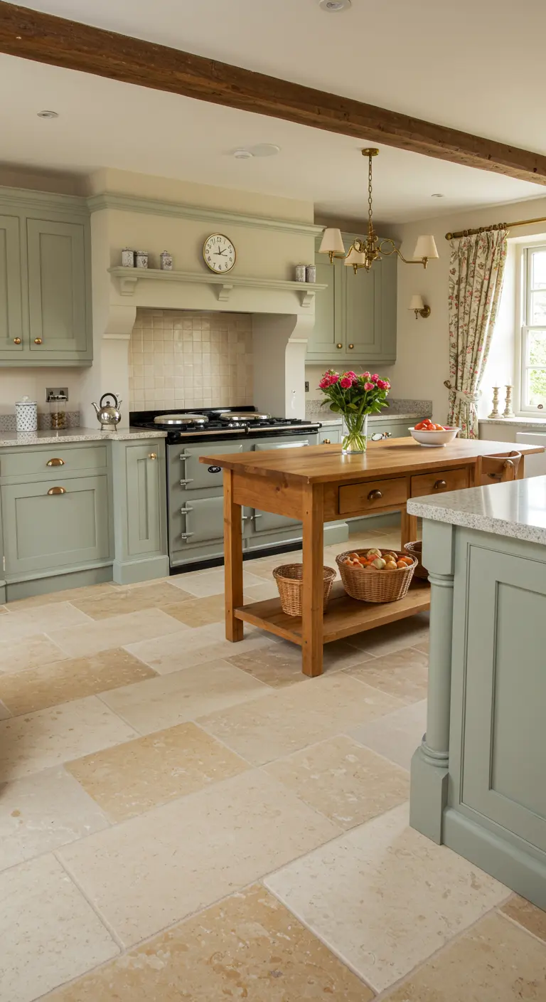 Landelijke keuken met saliegroene kasten en beige natuurstenen vloer.