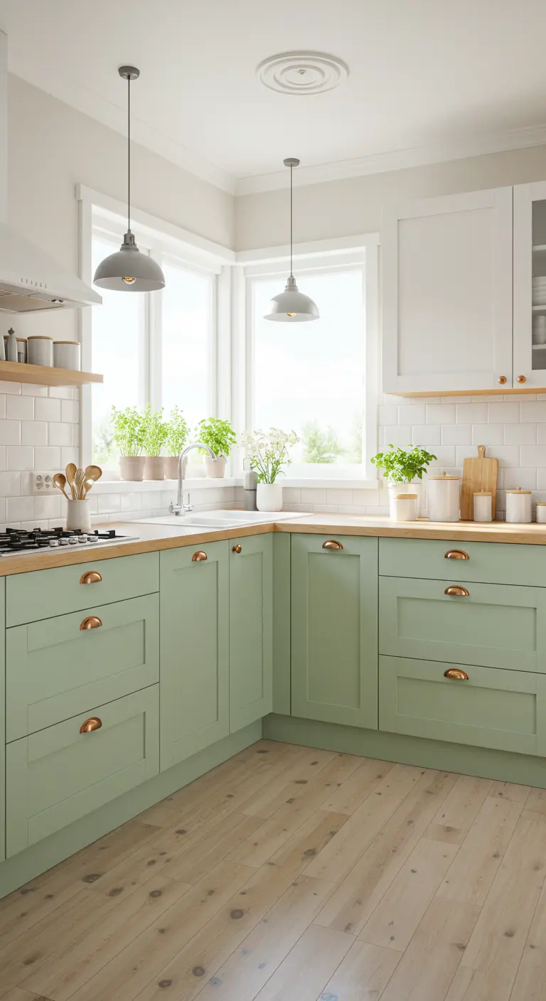 Lichte keuken met saliegroene onderkasten, houten werkblad en kruiden in de vensterbank.