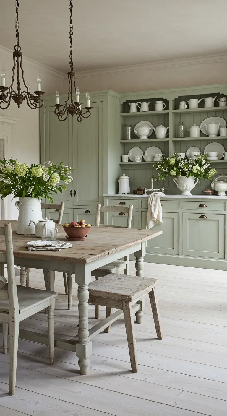 Zachtgroene landelijke keuken met open planken, witte vaas met bloemen en houten eettafel met krukje.