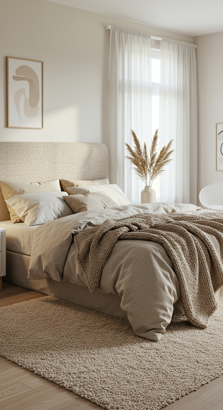 Slaapkamer in beige tinten met bouclé hoofdbord, zacht textiel en pampasgras.