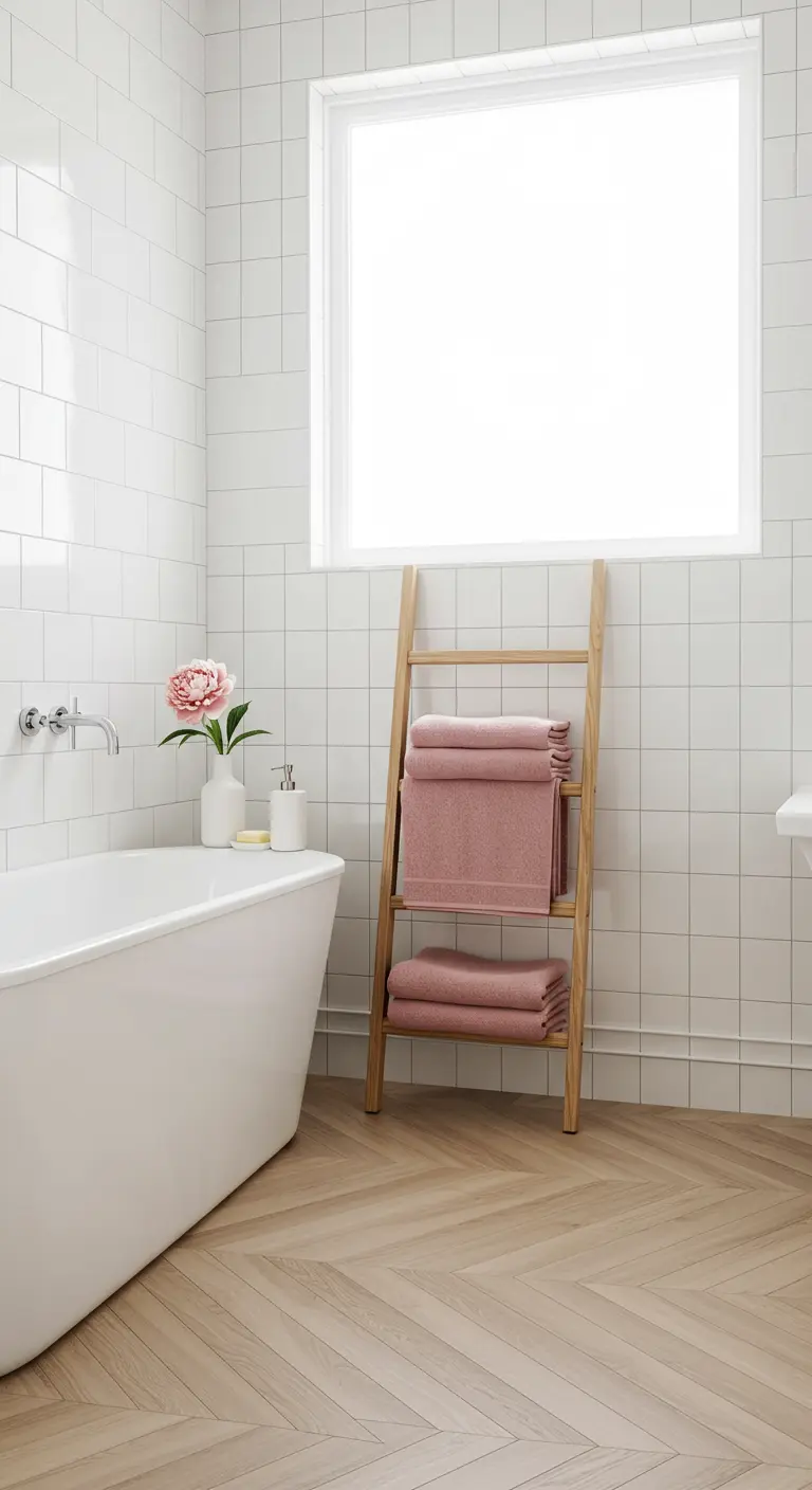 Witte badkamer met roze handdoeken op een houten ladder.
