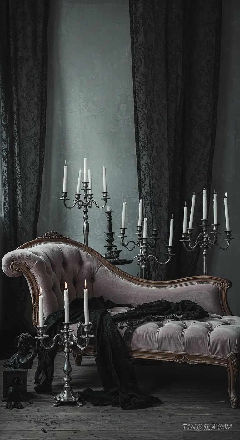 Roze fluwelen chaise longue met zwart kant, omringd door zilveren kandelaren.