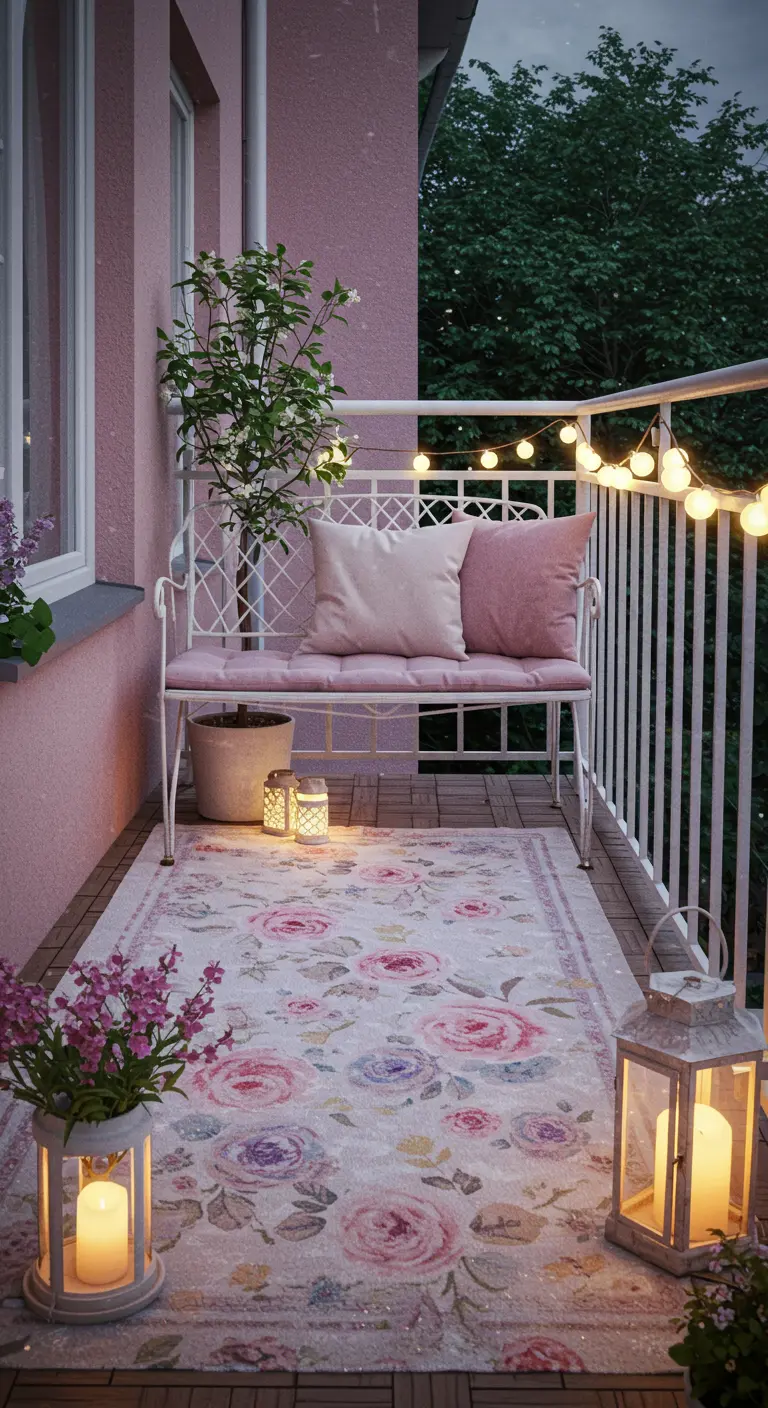 Romantisch balkon met roze bloemen buitenkleed en witte bank.