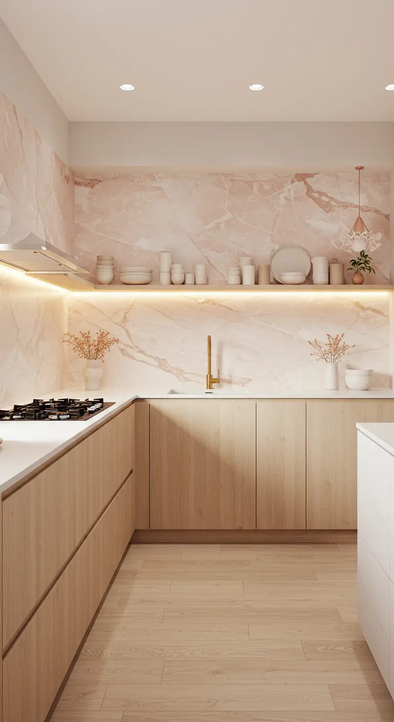 Lichte keuken met houten kastjes en een zachtroze marmeren achterwand en open plank.
