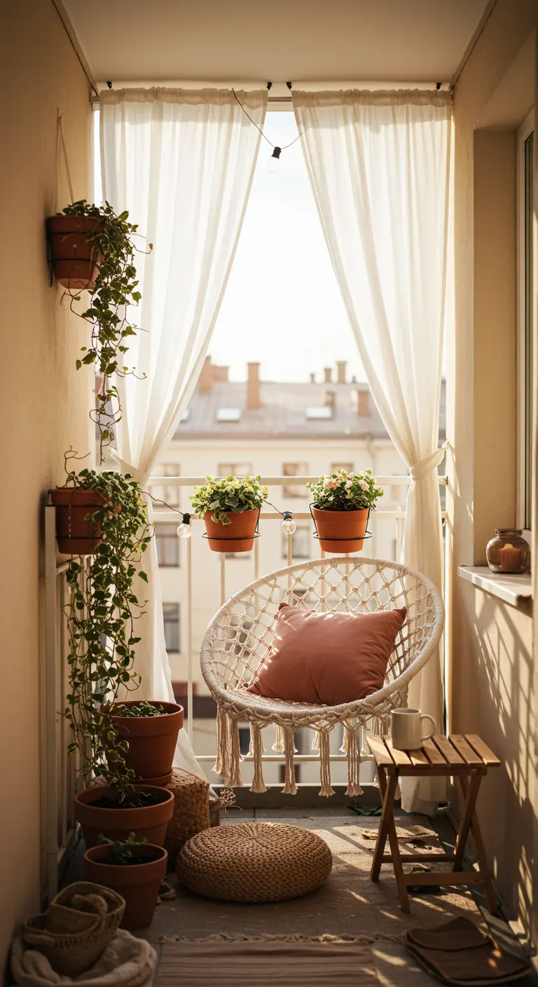 Balkon met witte macramé hangstoel, roze kussen, witte gordijnen en veel groene planten.
