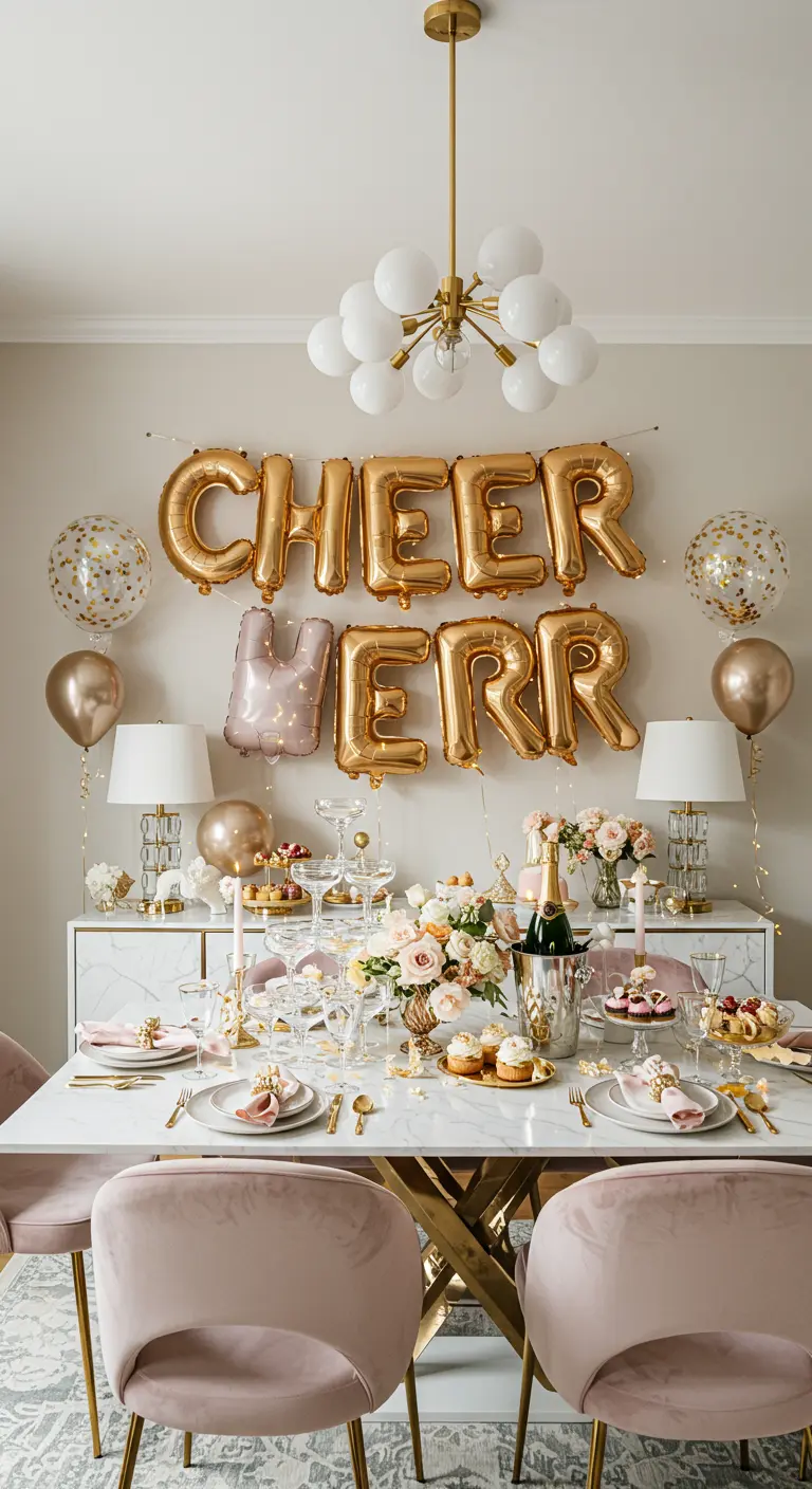 Eetkamer versierd in roze en goud met folieballonnen en een champagnekoeltoren.