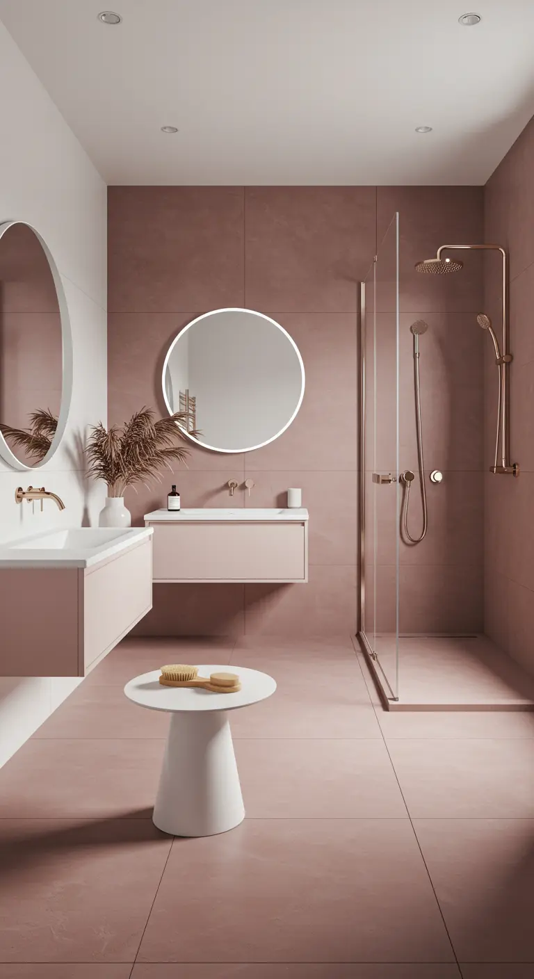 Badkamer met oudroze tegels op vloer en wanden, ronde spiegel en gouden kranen.