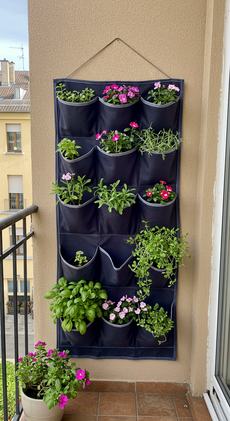 Zwarte stoffen hangorganizer met vakken vol kleine plantjes aan een balkonmuur.