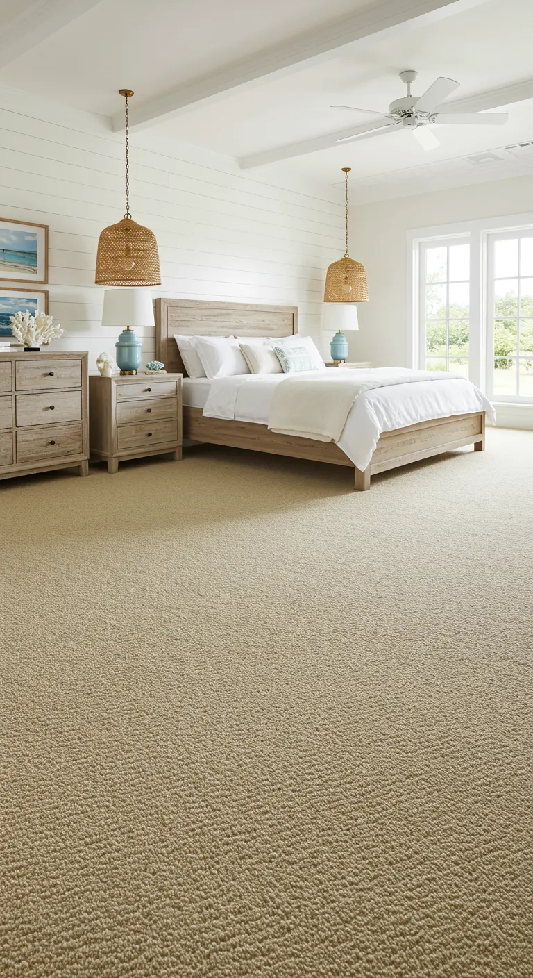 Lichte slaapkamer met beige kamerbreed tapijt en houten meubels.