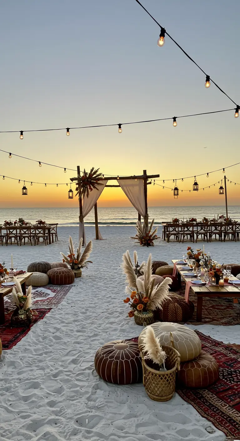 Boho bruiloft op strand bij zonsondergang met lage tafels, zitkussens, lichtslingers en pampasgras.