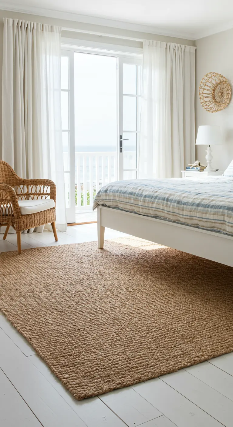 Lichte slaapkamer met openslaande deuren en een naturel jute vloerkleed.
