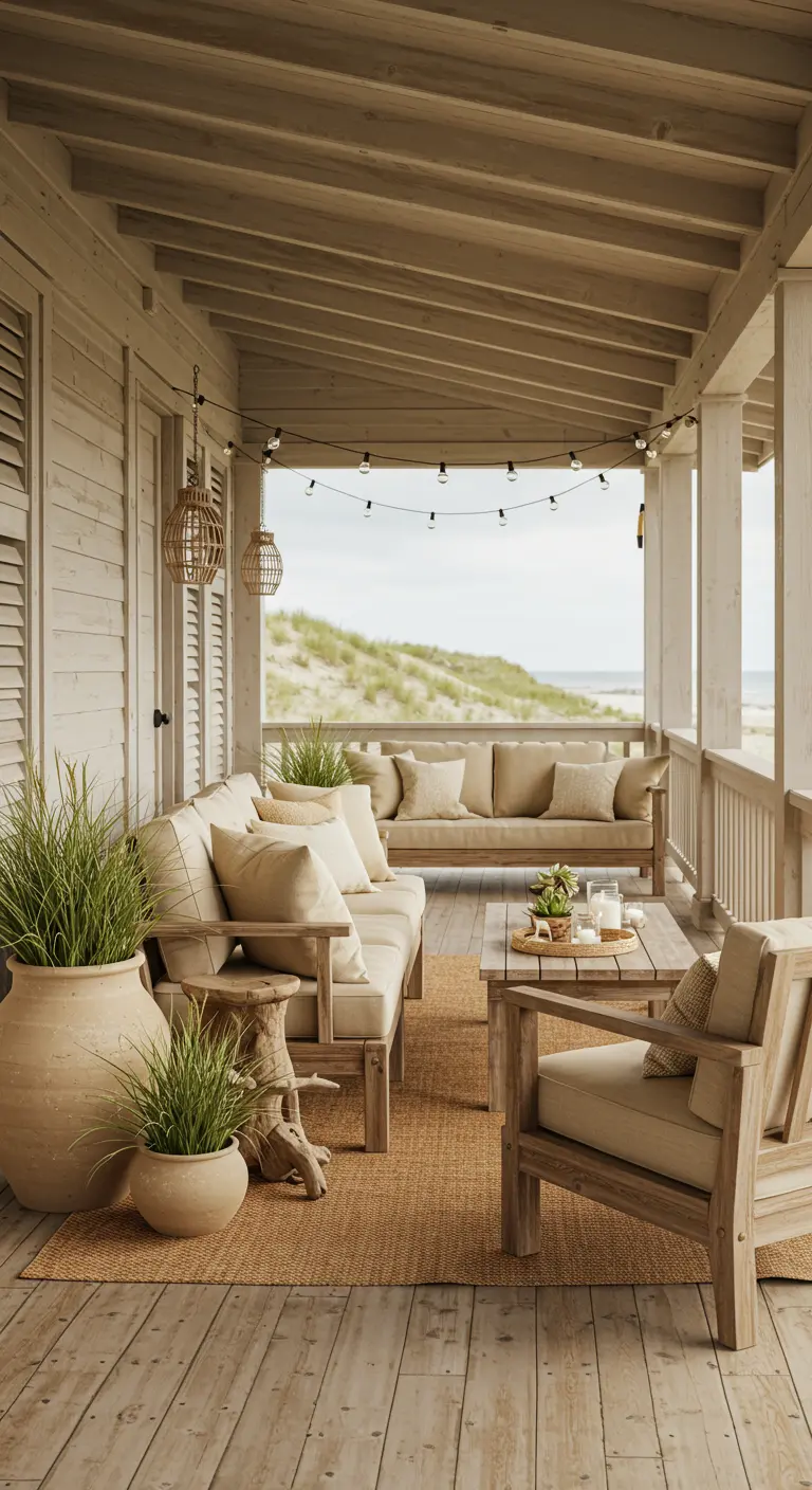 Veranda met houten meubels, beige kussens, rotan lantaarns en uitzicht op duinen.